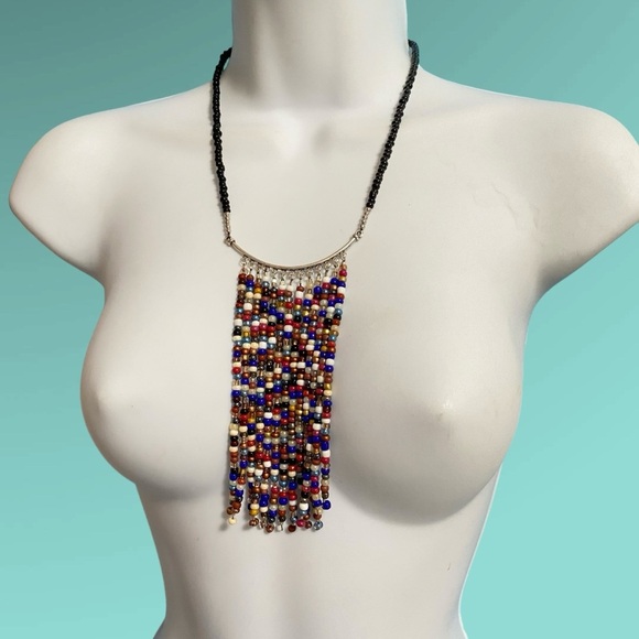 Black Beads With Multi-Colored Seed Beads Fringe Necklace Boho Festival - Picture 4 of 6